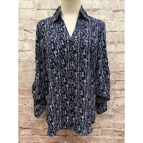 EXPRESS The Portofino Shirt Women's Small Navy Blue Keys Long Sleeve Roll Tab - Picture 1 of 3